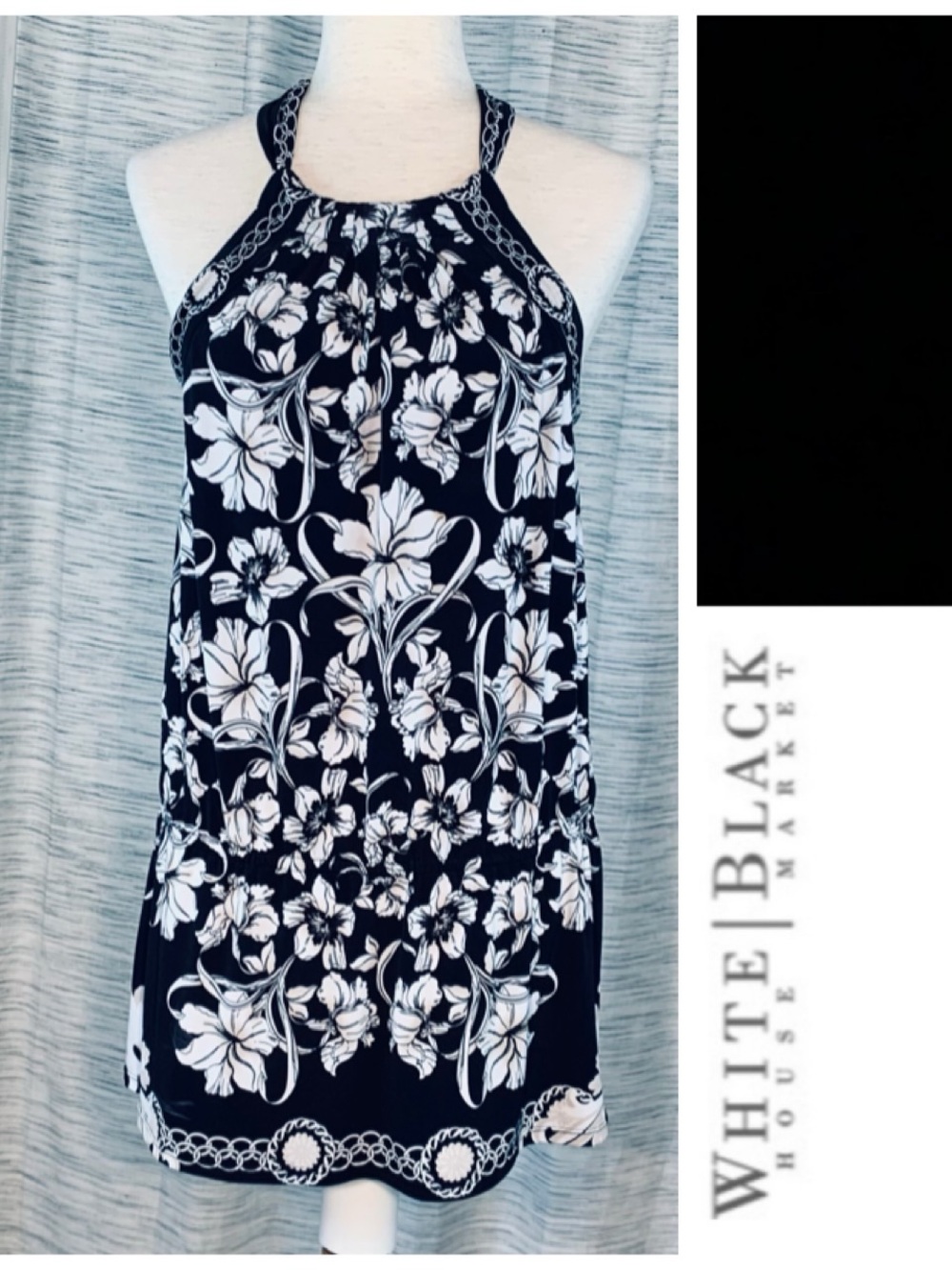 White House Black Market Black & White Floral and Chains Halter Top.